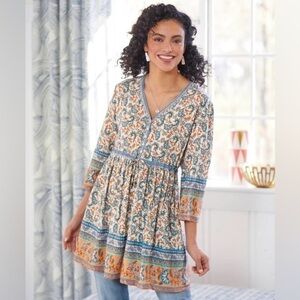 NorthStyle Bohemian Print Blue and Orange Long Sleeve Tunic XL Boho Cottagecore